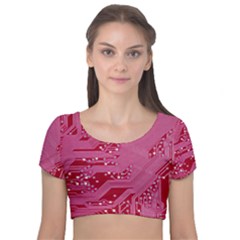 Pink Circuit Pattern Velvet Short Sleeve Crop Top  by Ket1n9