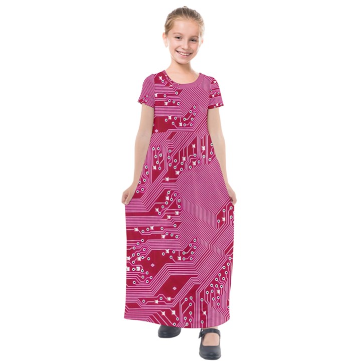 Pink Circuit Pattern Kids  Short Sleeve Maxi Dress