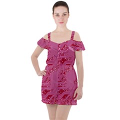 Pink Circuit Pattern Ruffle Cut Out Chiffon Playsuit by Ket1n9