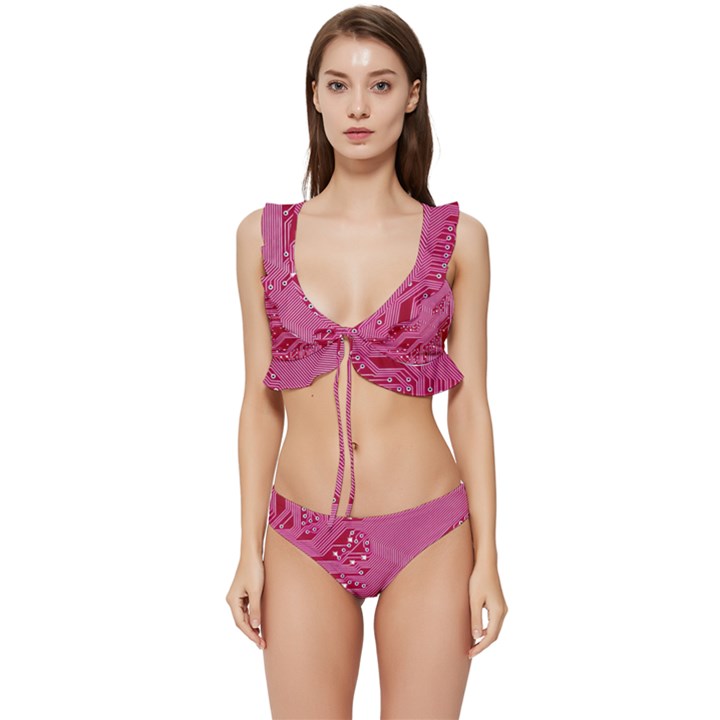 Pink Circuit Pattern Low Cut Ruffle Edge Bikini Set