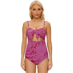 Pink Circuit Pattern Knot Front One-piece Swimsuit by Ket1n9