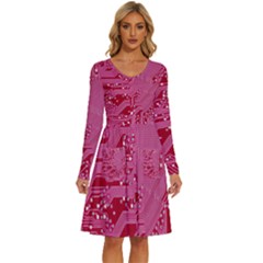 Pink Circuit Pattern Long Sleeve Dress With Pocket by Ket1n9