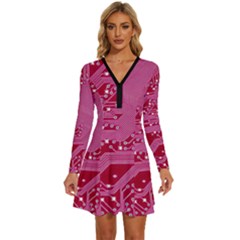 Pink Circuit Pattern Long Sleeve Deep V Mini Dress  by Ket1n9