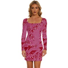 Pink Circuit Pattern Long Sleeve Square Neck Bodycon Velvet Dress by Ket1n9