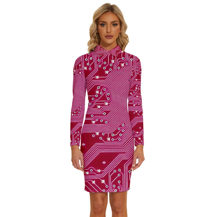 Pink Circuit Pattern Long Sleeve Shirt Collar Bodycon Dress