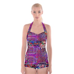 Technology Circuit Board Layout Pattern Boyleg Halter Swimsuit  by Ket1n9