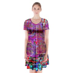 Technology Circuit Board Layout Pattern Short Sleeve V-neck Flare Dress by Ket1n9