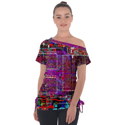 Technology Circuit Board Layout Pattern Off Shoulder Tie-up T-shirt by Ket1n9