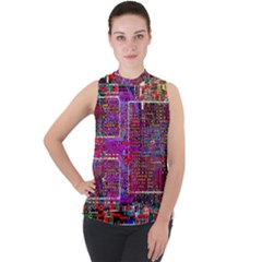 Technology Circuit Board Layout Pattern Mock Neck Chiffon Sleeveless Top by Ket1n9