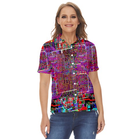 Technology Circuit Board Layout Pattern Women s Short Sleeve Double Pocket Shirt by Ket1n9