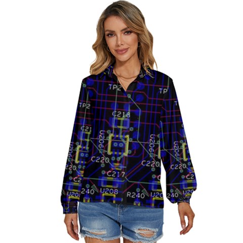 Technology Circuit Board Layout Women s Long Sleeve Button Up Shirt by Ket1n9