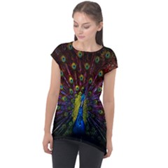 Beautiful Peacock Feather Cap Sleeve High Low Top by Ket1n9