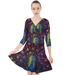 Beautiful Peacock Feather Quarter Sleeve Front Wrap Dress by Ket1n9