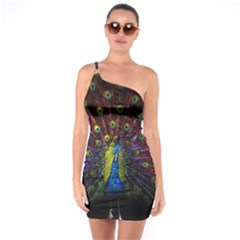 Beautiful Peacock Feather One Shoulder Ring Trim Bodycon Dress by Ket1n9