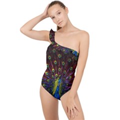 Beautiful Peacock Feather Frilly One Shoulder Swimsuit by Ket1n9