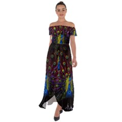 Beautiful Peacock Feather Off Shoulder Open Front Chiffon Dress by Ket1n9