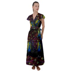 Beautiful Peacock Feather Flutter Sleeve Maxi Dress by Ket1n9