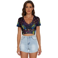 Beautiful Peacock Feather V-neck Crop Top by Ket1n9