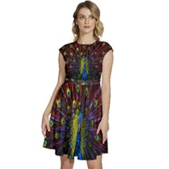 Beautiful Peacock Feather Cap Sleeve High Waist Dress by Ket1n9