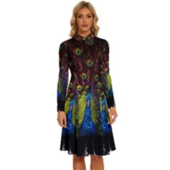 Beautiful Peacock Feather Long Sleeve Shirt Collar A-line Dress by Ket1n9