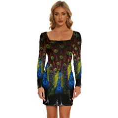 Beautiful Peacock Feather Long Sleeve Square Neck Bodycon Velvet Dress by Ket1n9