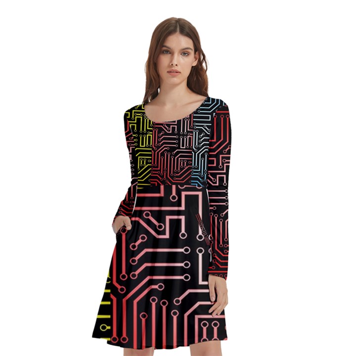 Circuit Board Seamless Patterns Set Long Sleeve Knee Length Skater Dress With Pockets