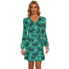 Happy-dogs Animals Pattern Long Sleeve Waist Tie Ruffle Velvet Dress by Ket1n9