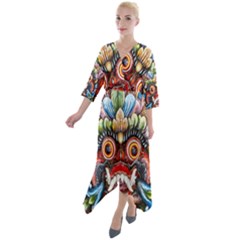 Wood Sculpture Bali Logo Quarter Sleeve Wrap Front Maxi Dress by Ket1n9