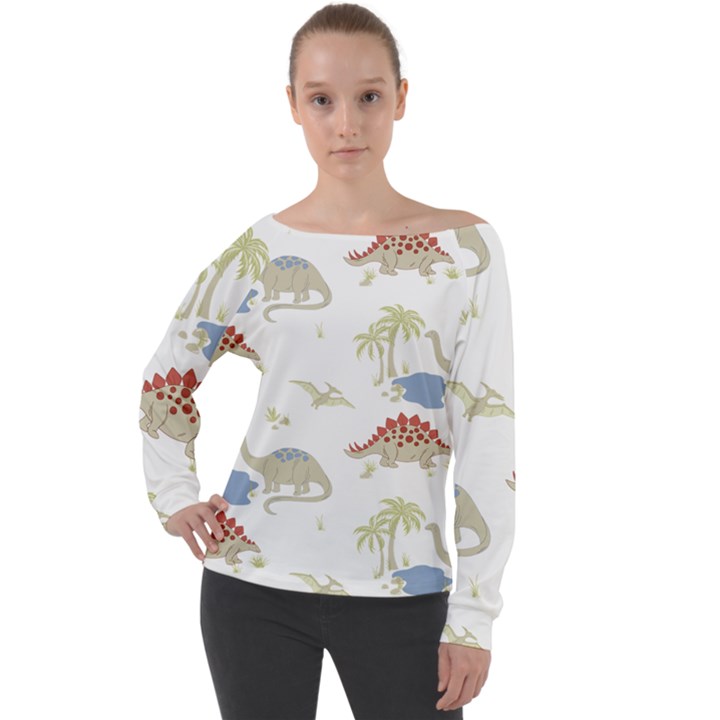 Dinosaur Art Pattern Off Shoulder Long Sleeve Velour Top