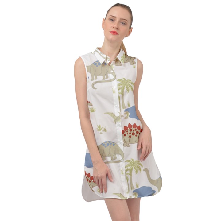 Dinosaur Art Pattern Sleeveless Shirt Dress