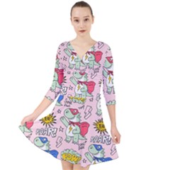 Seamless-pattern-with-many-funny-cute-superhero-dinosaurs-t-rex-mask-cloak-with-comics-style-inscrip Quarter Sleeve Front Wrap Dress by Ket1n9