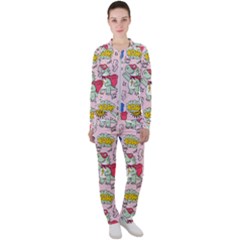 Seamless-pattern-with-many-funny-cute-superhero-dinosaurs-t-rex-mask-cloak-with-comics-style-inscrip Casual Jacket And Pants Set by Ket1n9