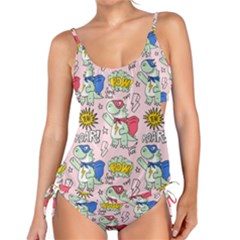 Seamless-pattern-with-many-funny-cute-superhero-dinosaurs-t-rex-mask-cloak-with-comics-style-inscrip Tankini Set by Ket1n9