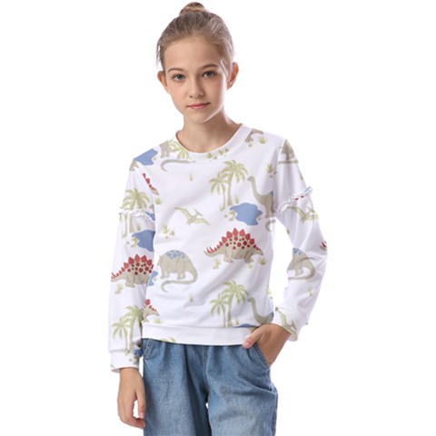 Dinosaur Art Pattern Kids  Long Sleeve T-shirt With Frill  by Ket1n9