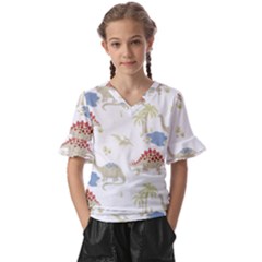 Dinosaur Art Pattern Kids  V-neck Horn Sleeve Blouse by Ket1n9