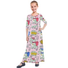 Seamless-pattern-with-many-funny-cute-superhero-dinosaurs-t-rex-mask-cloak-with-comics-style-inscrip Kids  Quarter Sleeve Maxi Dress by Ket1n9