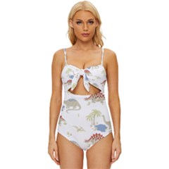 Dinosaur Art Pattern Knot Front One-piece Swimsuit by Ket1n9