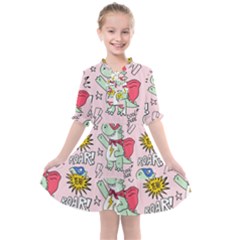 Seamless-pattern-with-many-funny-cute-superhero-dinosaurs-t-rex-mask-cloak-with-comics-style-inscrip Kids  All Frills Chiffon Dress by Ket1n9