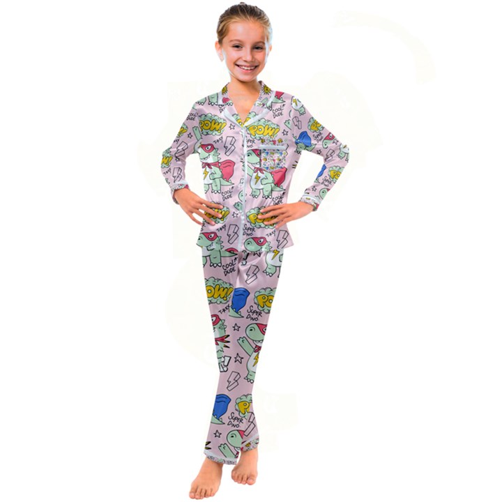 Seamless-pattern-with-many-funny-cute-superhero-dinosaurs-t-rex-mask-cloak-with-comics-style-inscrip Kids  Satin Long Sleeve Pajamas Set