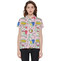 Seamless-pattern-with-many-funny-cute-superhero-dinosaurs-t-rex-mask-cloak-with-comics-style-inscrip Short Sleeve Pocket Shirt by Ket1n9