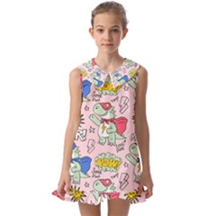 Seamless-pattern-with-many-funny-cute-superhero-dinosaurs-t-rex-mask-cloak-with-comics-style-inscrip Kids  Pilgrim Collar Ruffle Hem Dress by Ket1n9