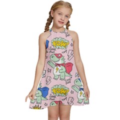 Seamless-pattern-with-many-funny-cute-superhero-dinosaurs-t-rex-mask-cloak-with-comics-style-inscrip Kids  Halter Collar Waist Tie Chiffon Dress by Ket1n9