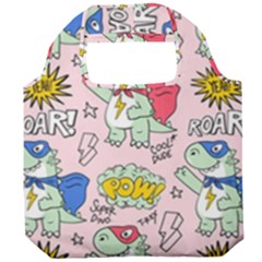 Seamless-pattern-with-many-funny-cute-superhero-dinosaurs-t-rex-mask-cloak-with-comics-style-inscrip Foldable Grocery Recycle Bag by Ket1n9