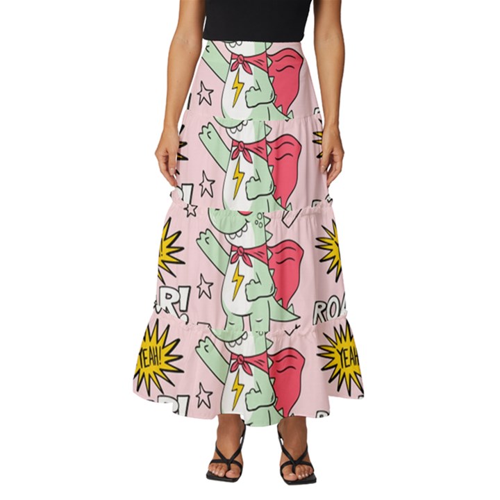 Seamless-pattern-with-many-funny-cute-superhero-dinosaurs-t-rex-mask-cloak-with-comics-style-inscrip Tiered Ruffle Maxi Skirt