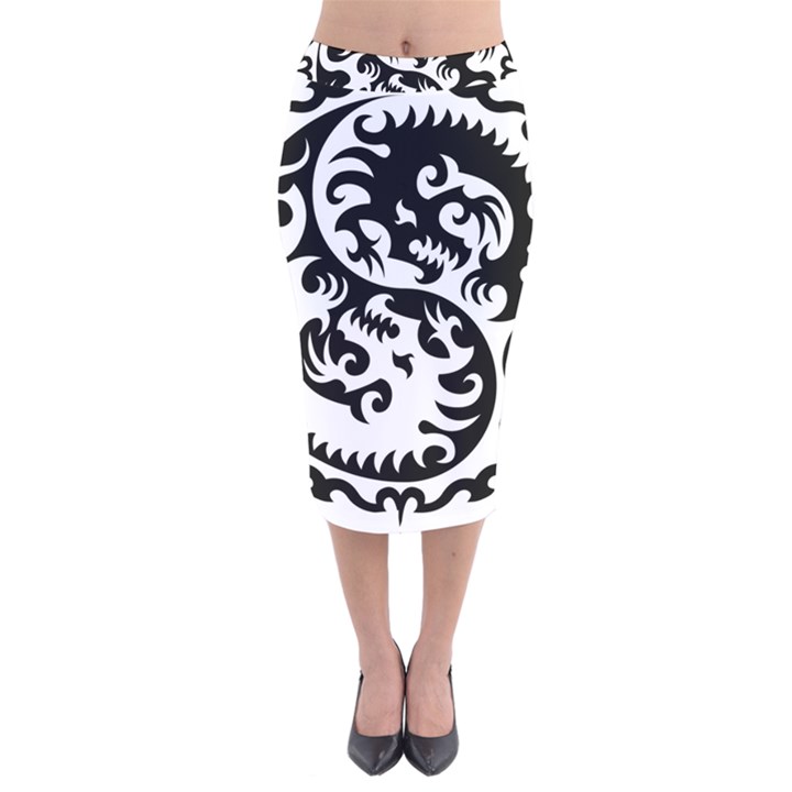 Ying Yang Tattoo Velvet Midi Pencil Skirt