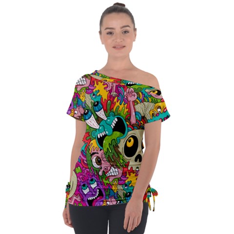 Crazy Illustrations & Funky Monster Pattern Off Shoulder Tie-up T-shirt by Ket1n9