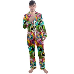 Crazy Illustrations & Funky Monster Pattern Men s Long Sleeve Satin Pajamas Set