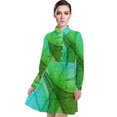 Sunlight Filtering Through Transparent Leaves Green Blue Long Sleeve Chiffon Shirt Dress by Ket1n9