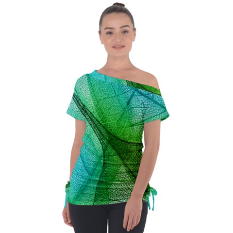 Sunlight Filtering Through Transparent Leaves Green Blue Off Shoulder Tie-up T-shirt by Ket1n9