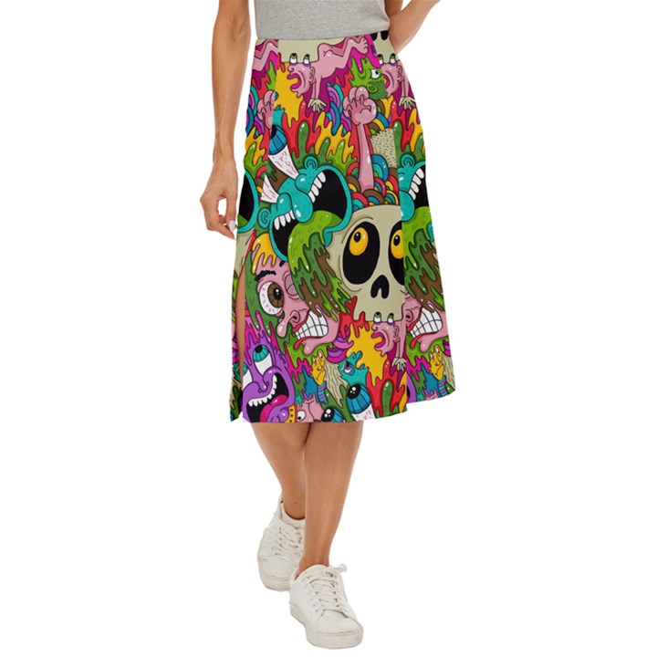 Crazy Illustrations & Funky Monster Pattern Midi Panel Skirt